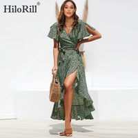 HiloRill V-Neck Split Sexy Summer Maxi Dress With Floral Print and Ruffles