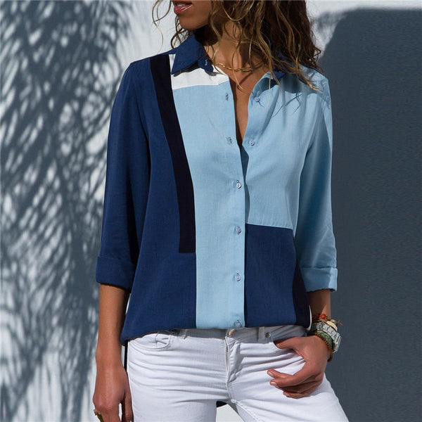 Long Sleeve Turn-Down Collar Office Or Leisure Blouse With Blue Patterns