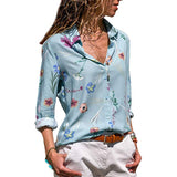 Long Sleeve Turn-Down Collar Office Or Leisure Blouse With Blue Patterns