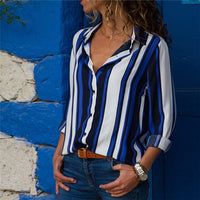 Long Sleeve Turn-Down Collar Office Or Leisure Blouse With Blue Patterns