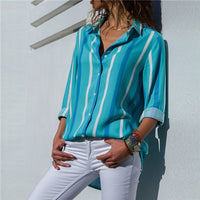 Long Sleeve Turn-Down Collar Office Or Leisure Blouse With Blue Patterns