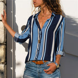 Long Sleeve Turn-Down Collar Office Or Leisure Blouse With Blue Patterns