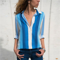 Long Sleeve Turn-Down Collar Office Or Leisure Blouse With Blue Patterns