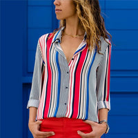 Long Sleeve Turn-Down Collar Office Or Leisure Blouse With Blue Patterns