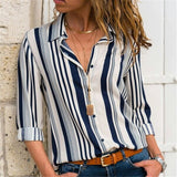 Long Sleeve Turn-Down Collar Office Or Leisure Blouse With Blue Patterns