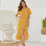 HiloRill V-Neck Split Sexy Summer Maxi Dress With Floral Print and Ruffles