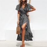 HiloRill V-Neck Split Sexy Summer Maxi Dress With Floral Print and Ruffles