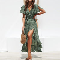 HiloRill V-Neck Split Sexy Summer Maxi Dress With Floral Print and Ruffles